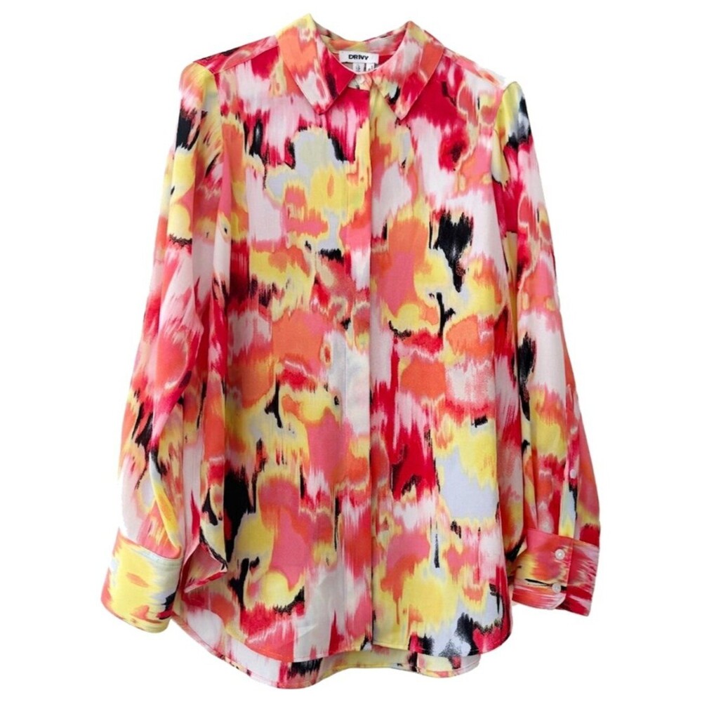 DKNY Abstract Watercolor Print Button Down Blouse - Size Small